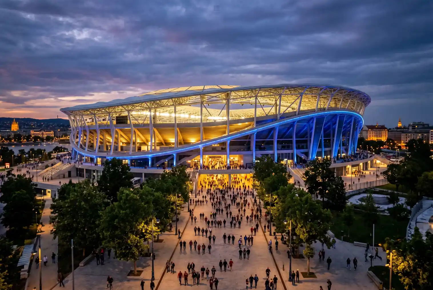 De Puskas Arena in Boedapest waar de Champions League finale 2026 wordt gespeeld